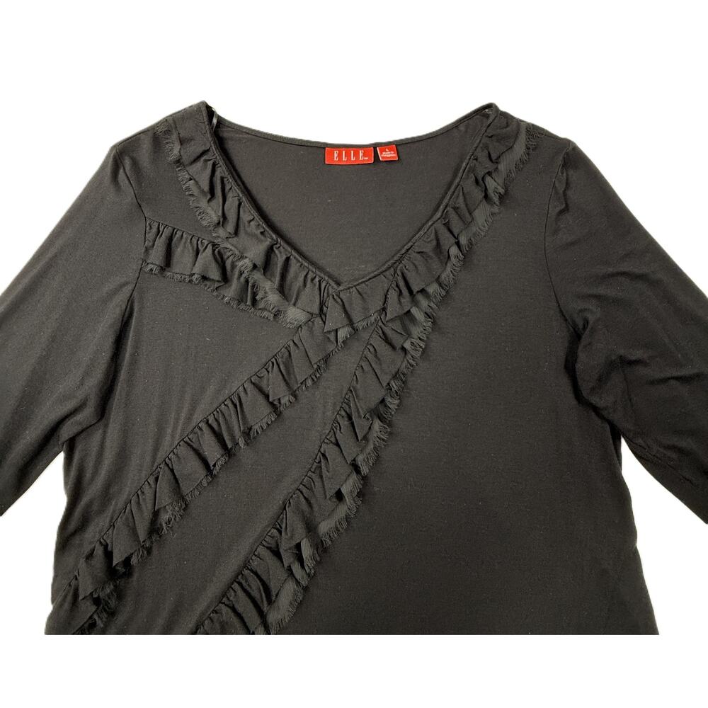 ELLE V-neck black top ruffle details 3/4 sleeves Sz L - Picture 4 of 9